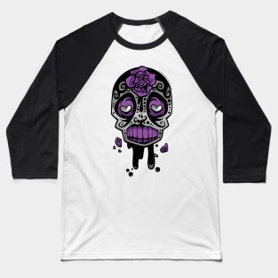 Grey and Purple Ink-Rose Skull Baseball T-Shirt